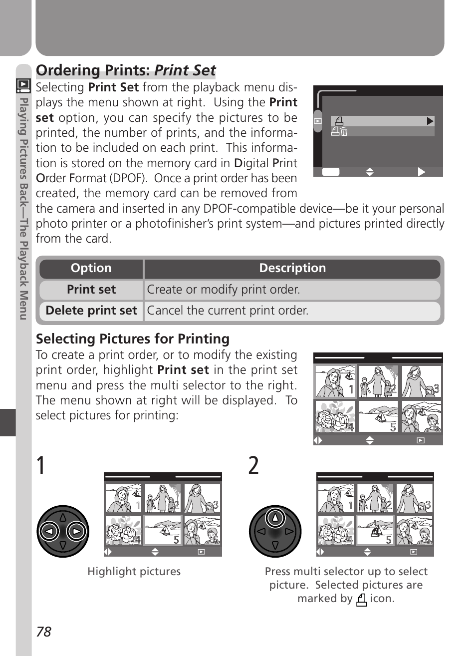 Ordering prints: print set, Selecting pictures for printing | Nikon Coolpix 3500 User Manual | Page 88 / 111