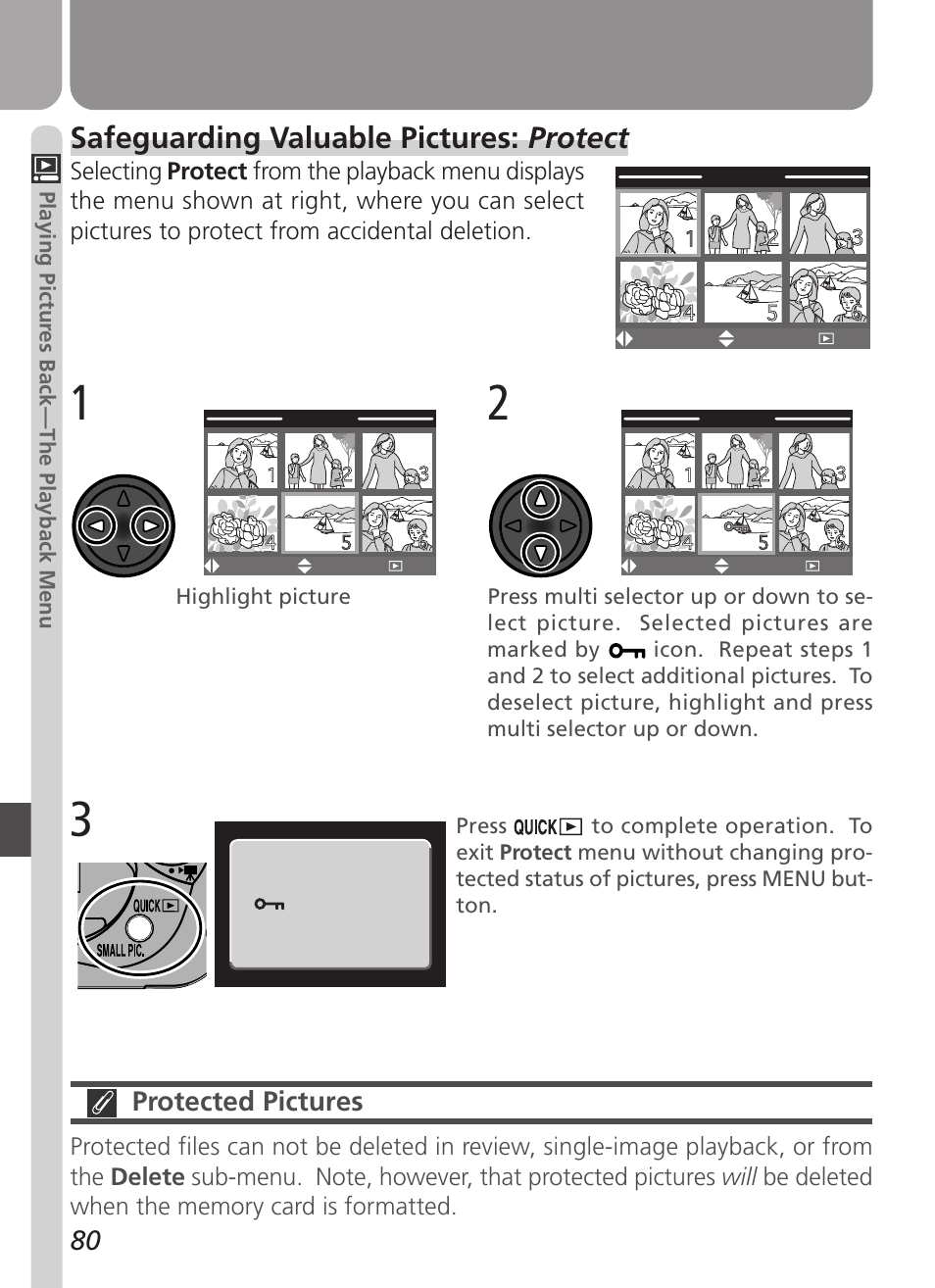 Safeguarding valuable pictures: protect, Protected pictures | Nikon Coolpix 3500 User Manual | Page 90 / 111