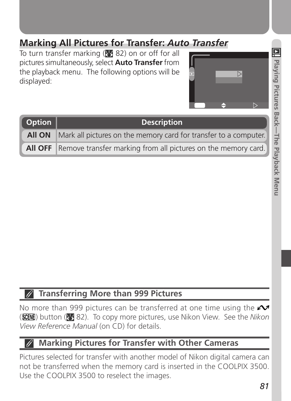 Marking all pictures for transfer: auto transfer, Transferring more than 999 pictures, Marking pictures for transfer with other cameras | Nikon Coolpix 3500 User Manual | Page 91 / 111