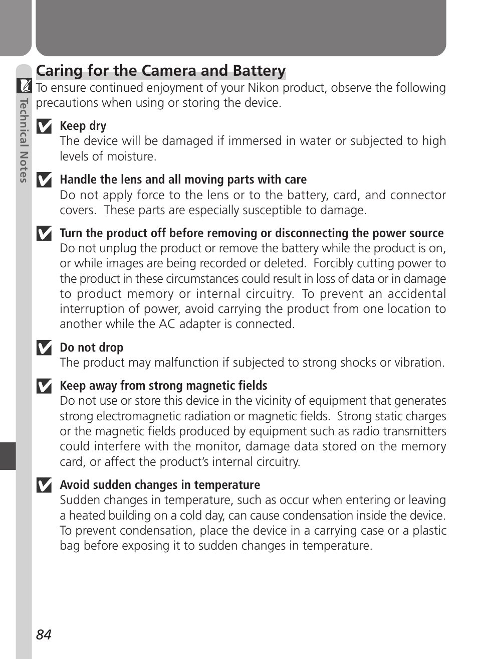 Caring for the camera and battery | Nikon Coolpix 3500 User Manual | Page 94 / 111