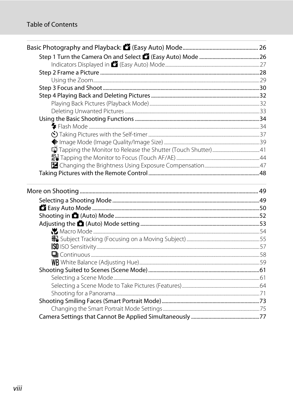 Viii | Nikon Coolpix S1100pj User Manual | Page 10 / 216