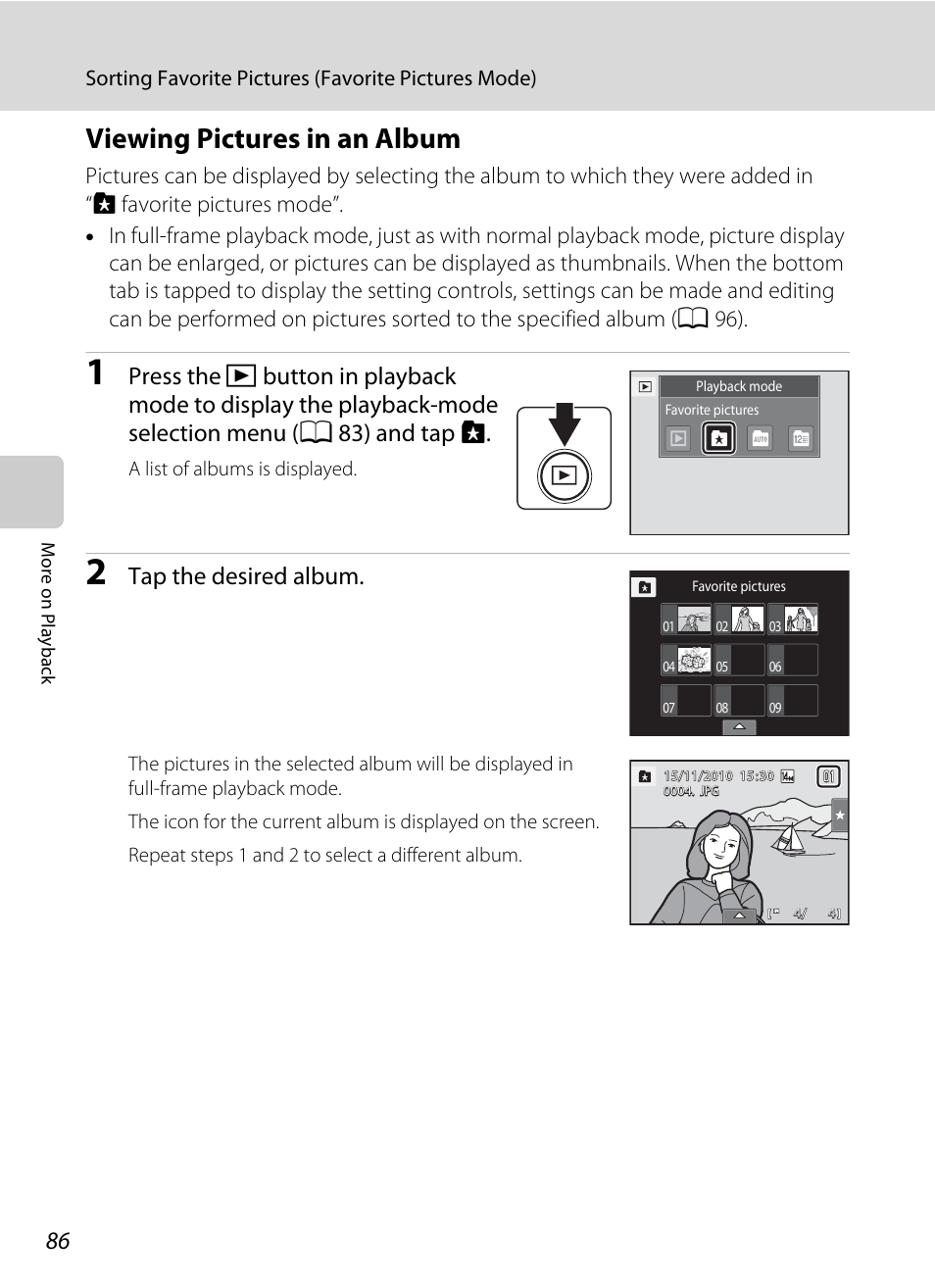 Viewing pictures in an album, Tap the desired album | Nikon Coolpix S1100pj User Manual | Page 100 / 216