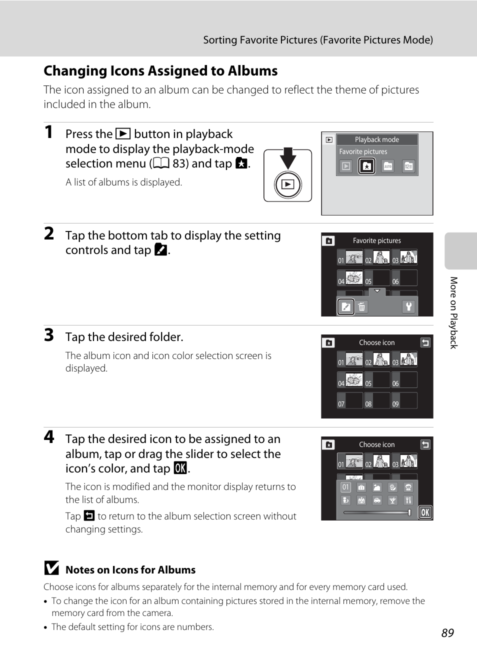 Changing icons assigned to albums, Tap the desired folder | Nikon Coolpix S1100pj User Manual | Page 103 / 216