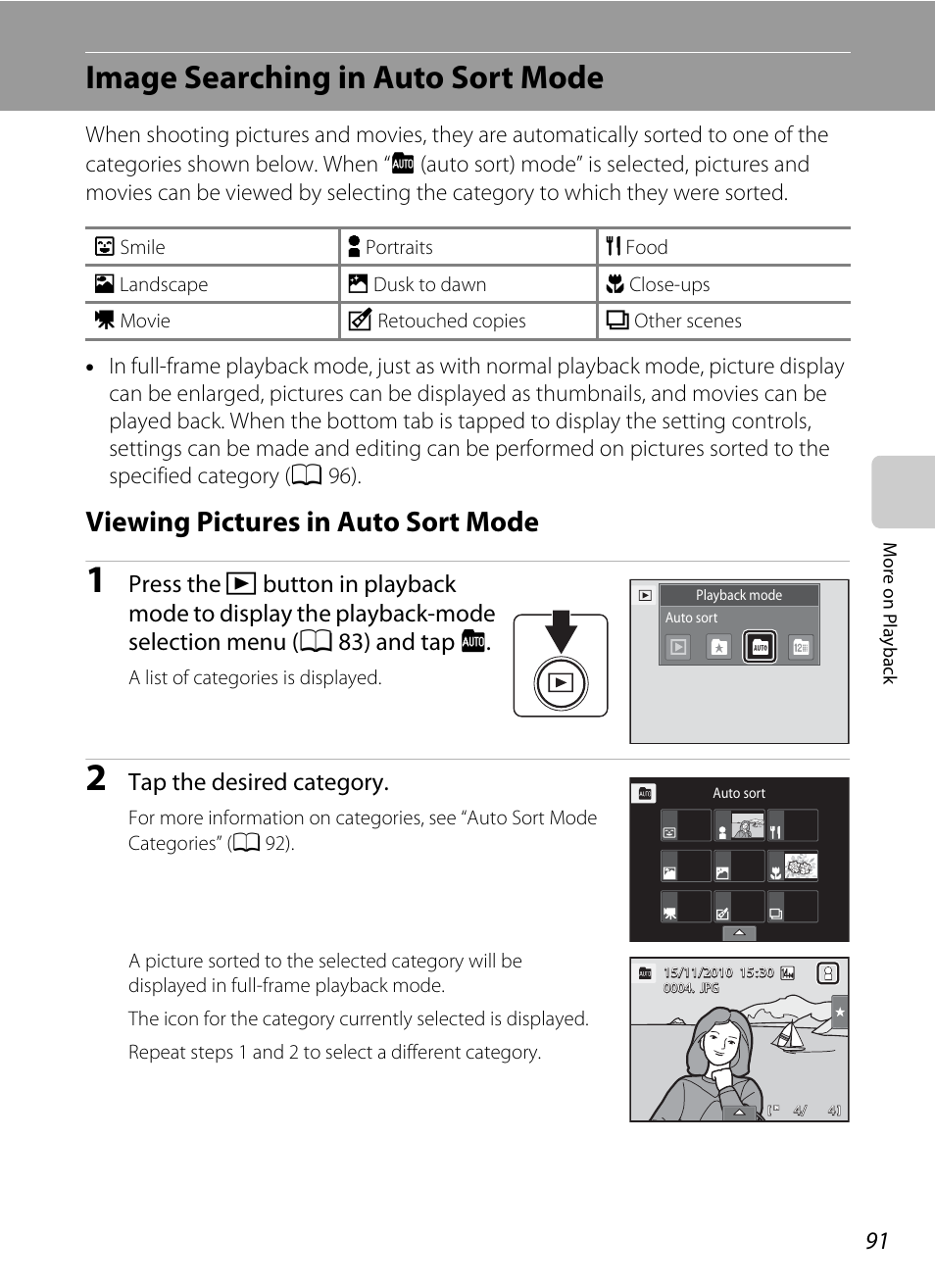 Image searching in auto sort mode, Viewing pictures in auto sort mode, A 91) | A 91, A 91), or, Tap the desired category | Nikon Coolpix S1100pj User Manual | Page 105 / 216