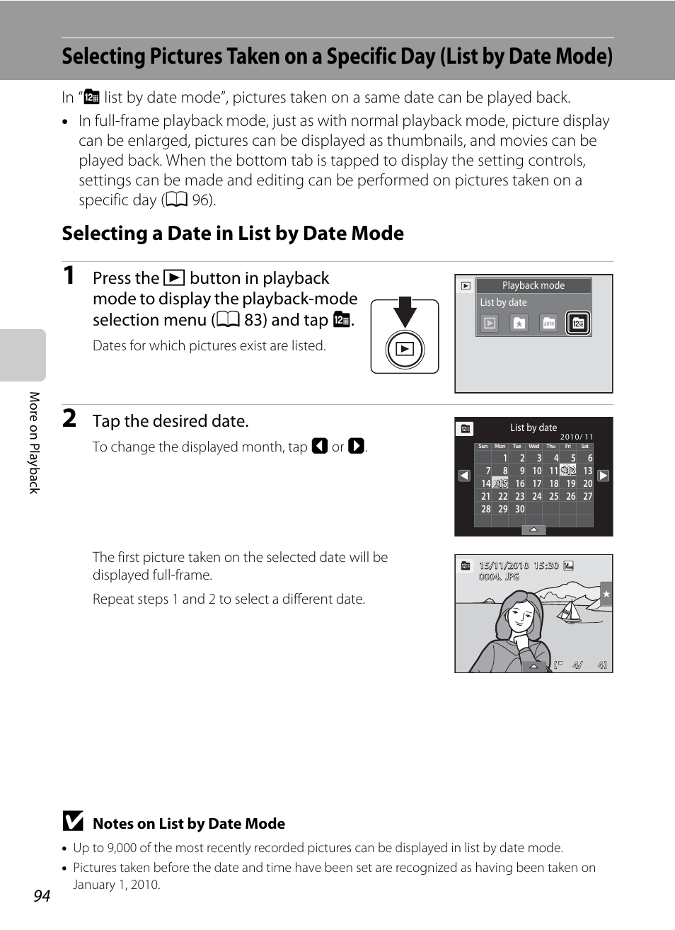 Selecting a date in list by date mode, A 94, A 94) | Tap the desired date, Dates for which pictures exist are listed | Nikon Coolpix S1100pj User Manual | Page 108 / 216