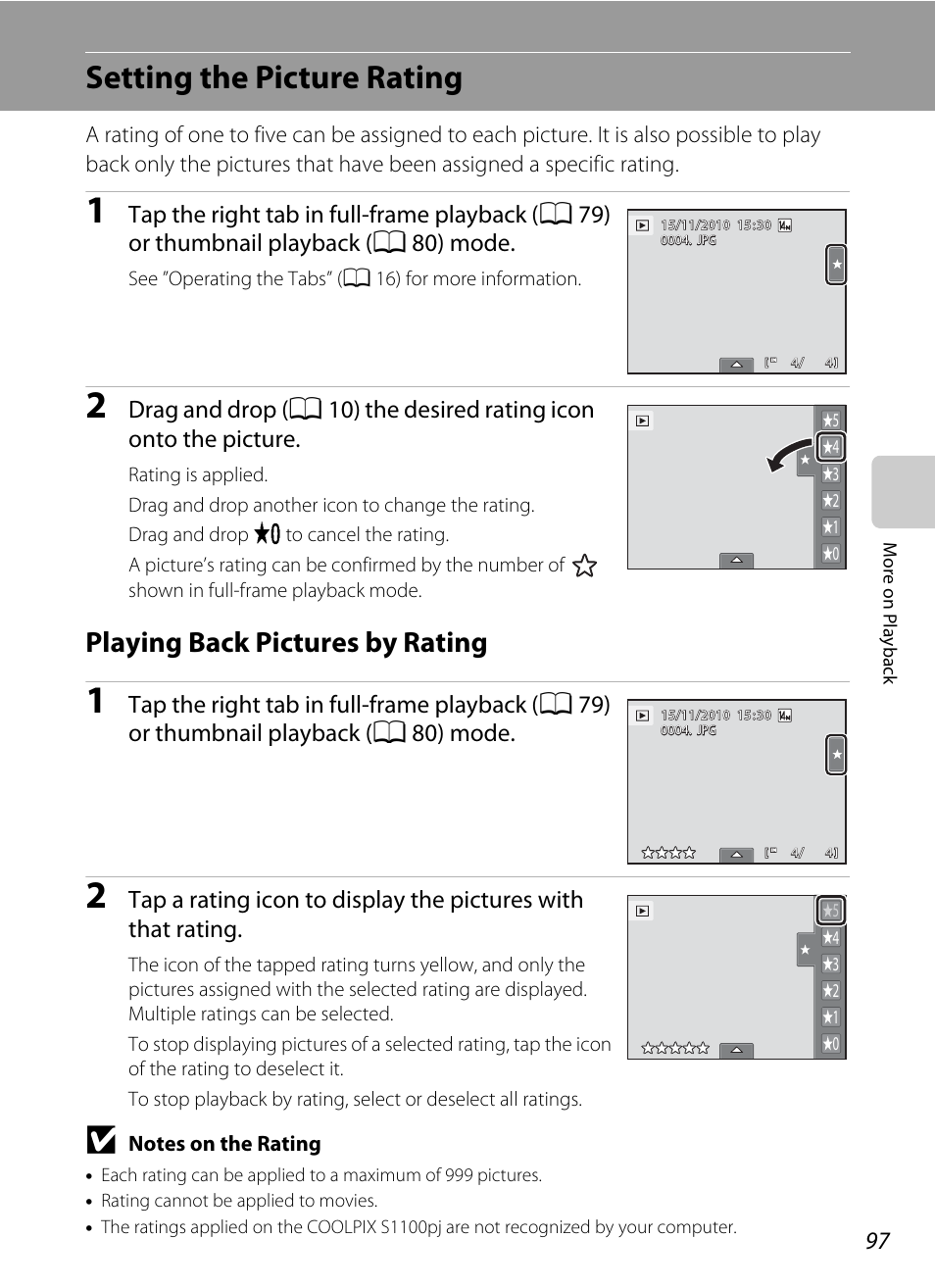 Setting the picture rating, Playing back pictures by rating, A 97) | A 97), or | Nikon Coolpix S1100pj User Manual | Page 111 / 216