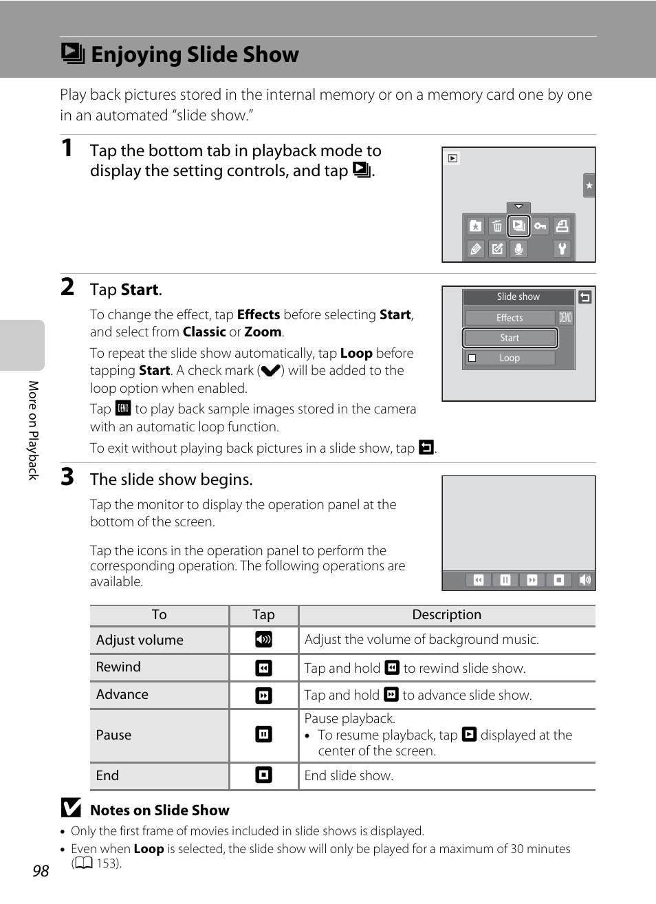 Enjoying slide show, B enjoying slide show | Nikon Coolpix S1100pj User Manual | Page 112 / 216