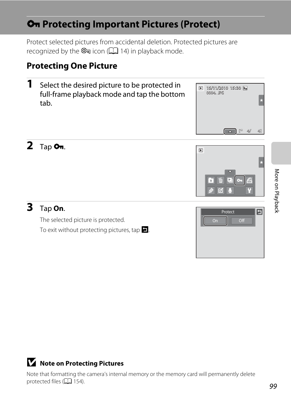 Protecting important pictures (protect), Protecting one picture, D protecting important pictures (protect) | A 99), Tap d, Tap on | Nikon Coolpix S1100pj User Manual | Page 113 / 216