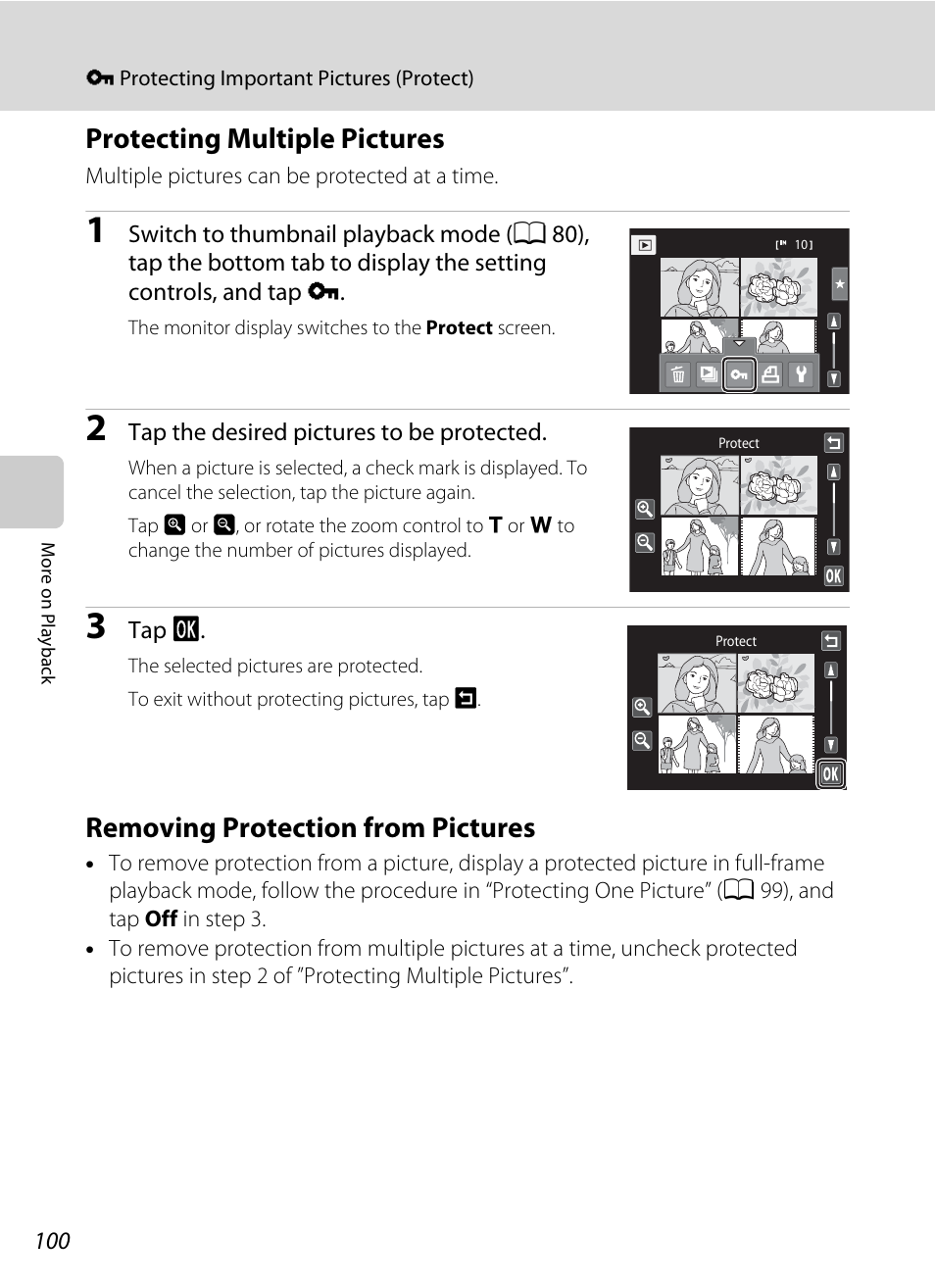 Protecting multiple pictures, Removing protection from pictures | Nikon Coolpix S1100pj User Manual | Page 114 / 216