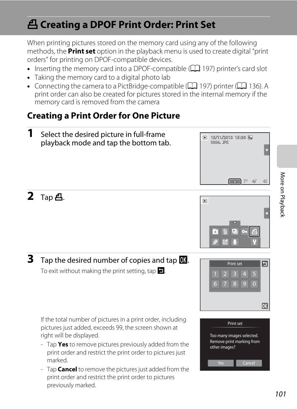 Creating a dpof print order: print set, Creating a print order for one picture, A creating a dpof print order: print set | A 101), Tap a, Tap the desired number of copies and tap i | Nikon Coolpix S1100pj User Manual | Page 115 / 216