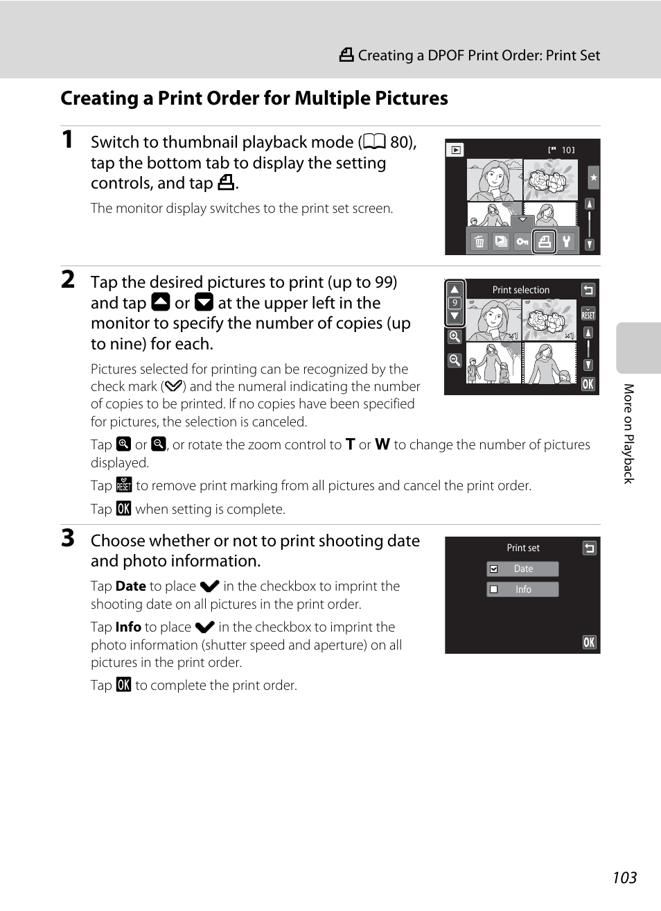 Creating a print order for multiple pictures | Nikon Coolpix S1100pj User Manual | Page 117 / 216