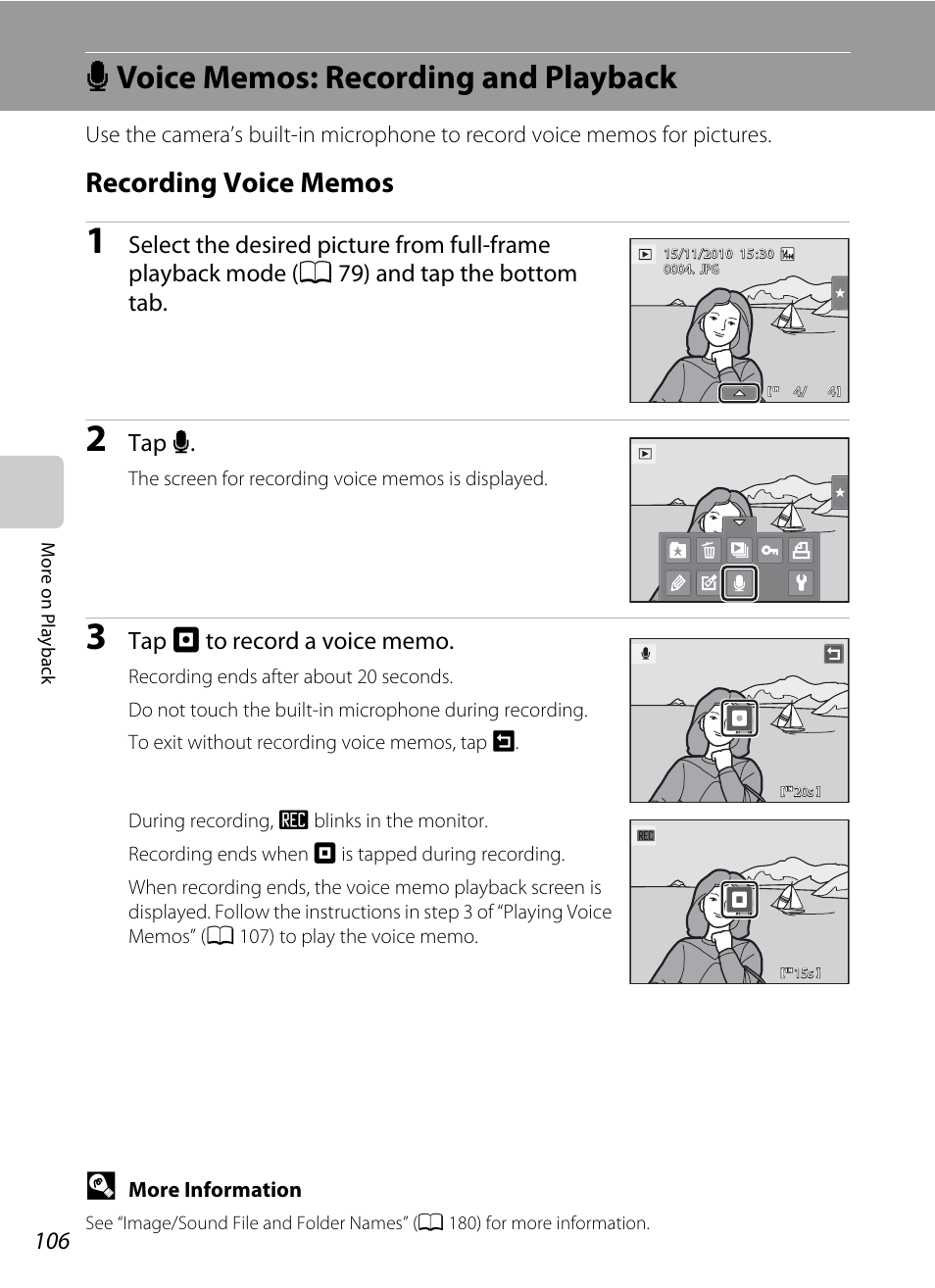 Voice memos: recording and playback, Recording voice memos, E voice memos: recording and playback | Tap e | Nikon Coolpix S1100pj User Manual | Page 120 / 216