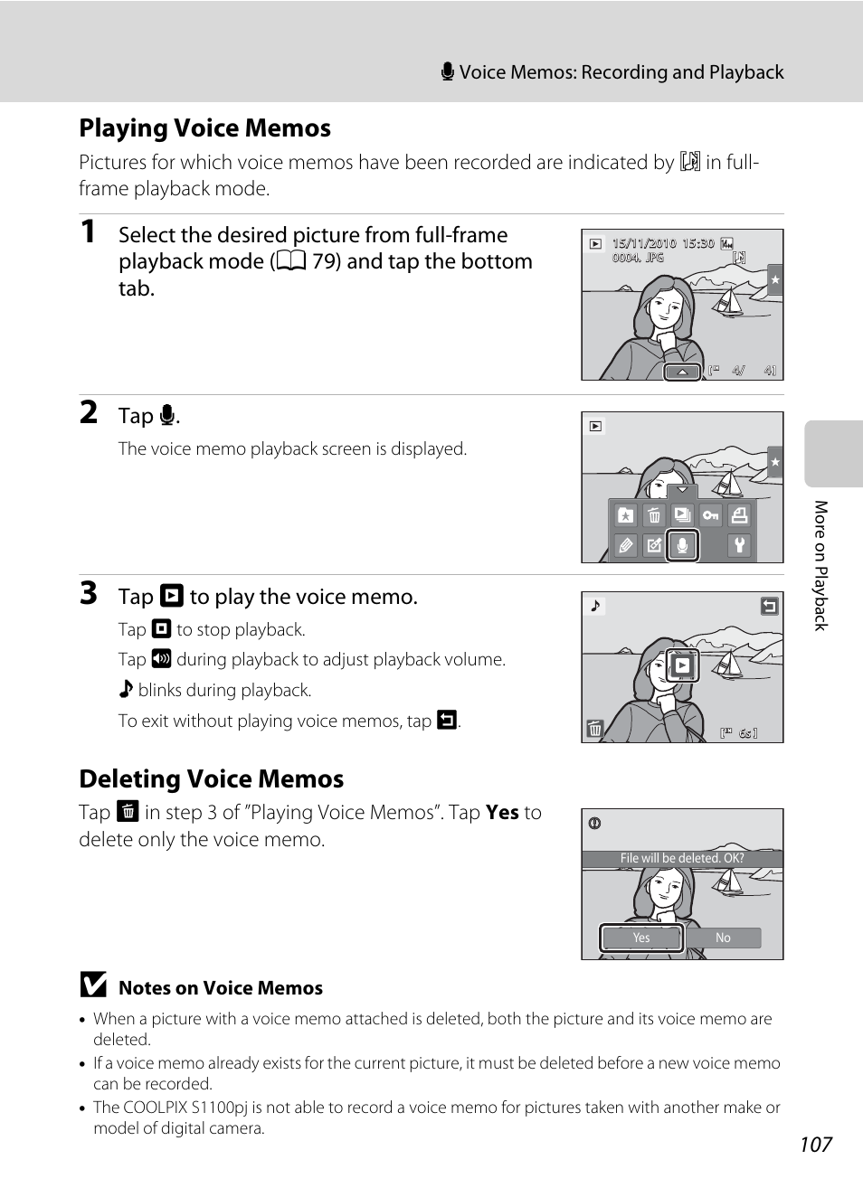 Playing voice memos, Deleting voice memos, Playing voice memos deleting voice memos | F “playing voice memos, A 107) to play the voice memo, Tap e | Nikon Coolpix S1100pj User Manual | Page 121 / 216