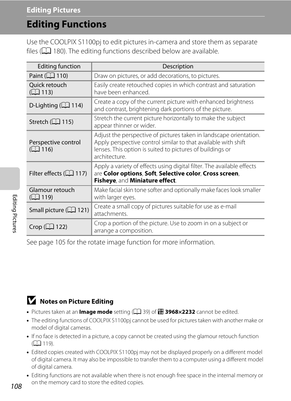 Editing pictures, Editing functions, Editing pictures” (a 108) for | Using editing function, A 108) | Nikon Coolpix S1100pj User Manual | Page 122 / 216