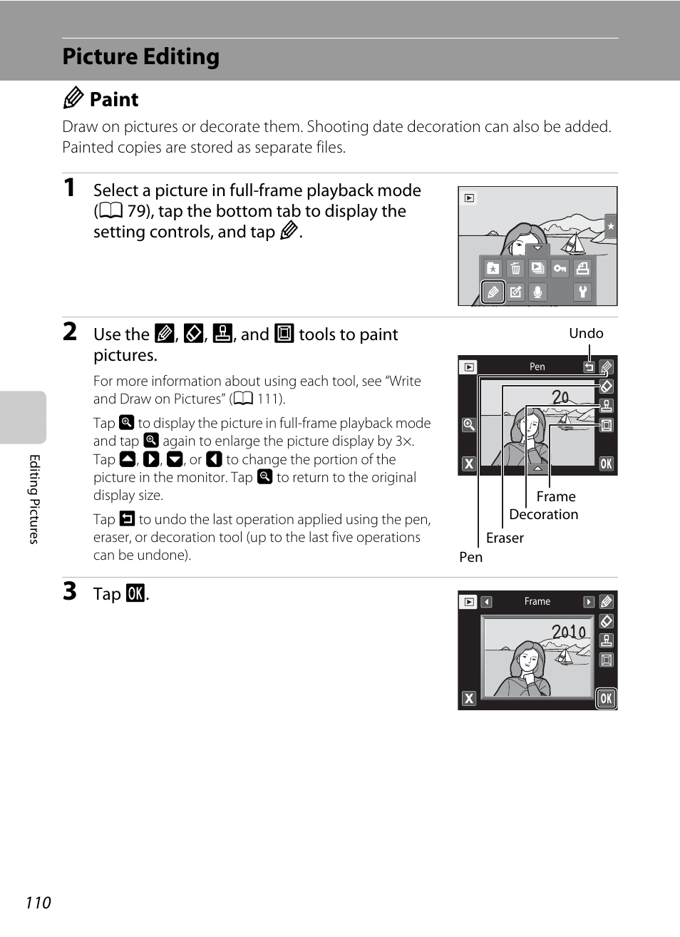 Picture editing, Paint, U paint | A 110) | Nikon Coolpix S1100pj User Manual | Page 124 / 216