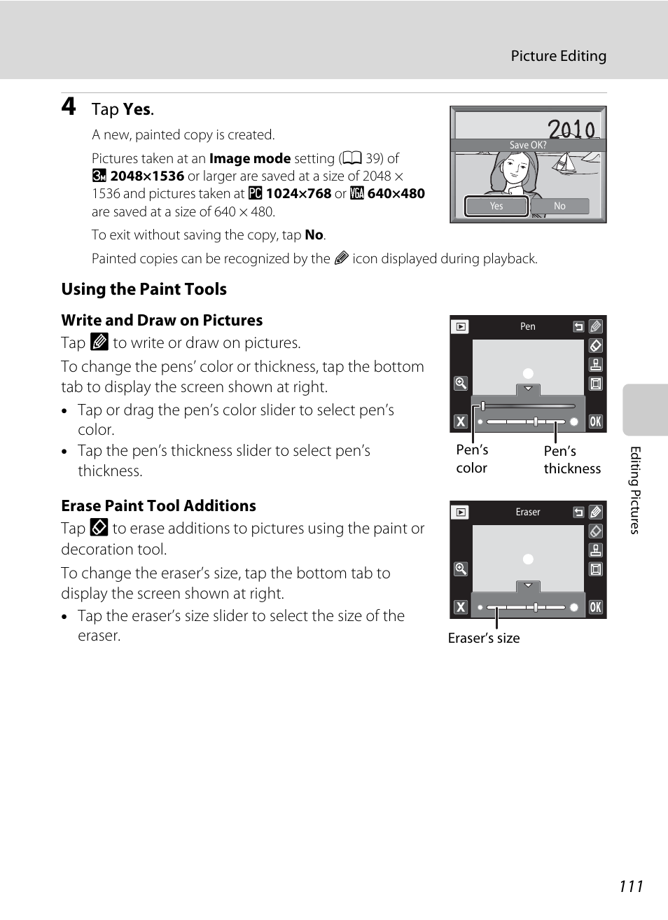 E “write and draw on pictures, A 111), Tap yes | Using the paint tools | Nikon Coolpix S1100pj User Manual | Page 125 / 216