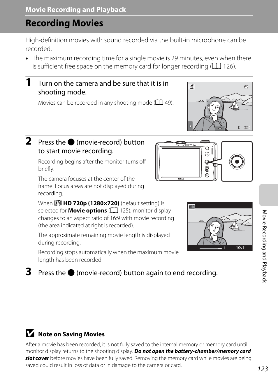 Movie recording and playback, Recording movies, A 123 | A 123) | Nikon Coolpix S1100pj User Manual | Page 137 / 216