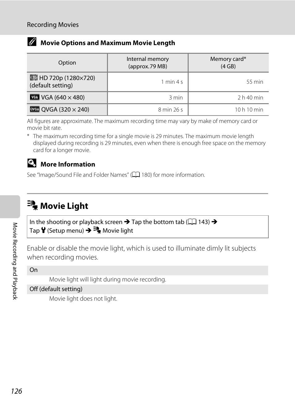 Movie light, M movie light, A 126) | A 126 | Nikon Coolpix S1100pj User Manual | Page 140 / 216