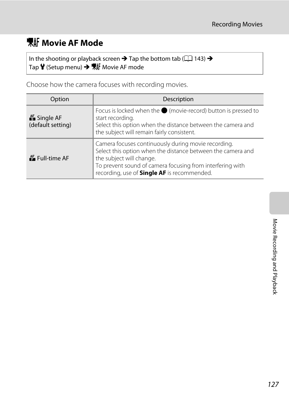 Movie af mode, N movie af mode, A 127 | Nikon Coolpix S1100pj User Manual | Page 141 / 216