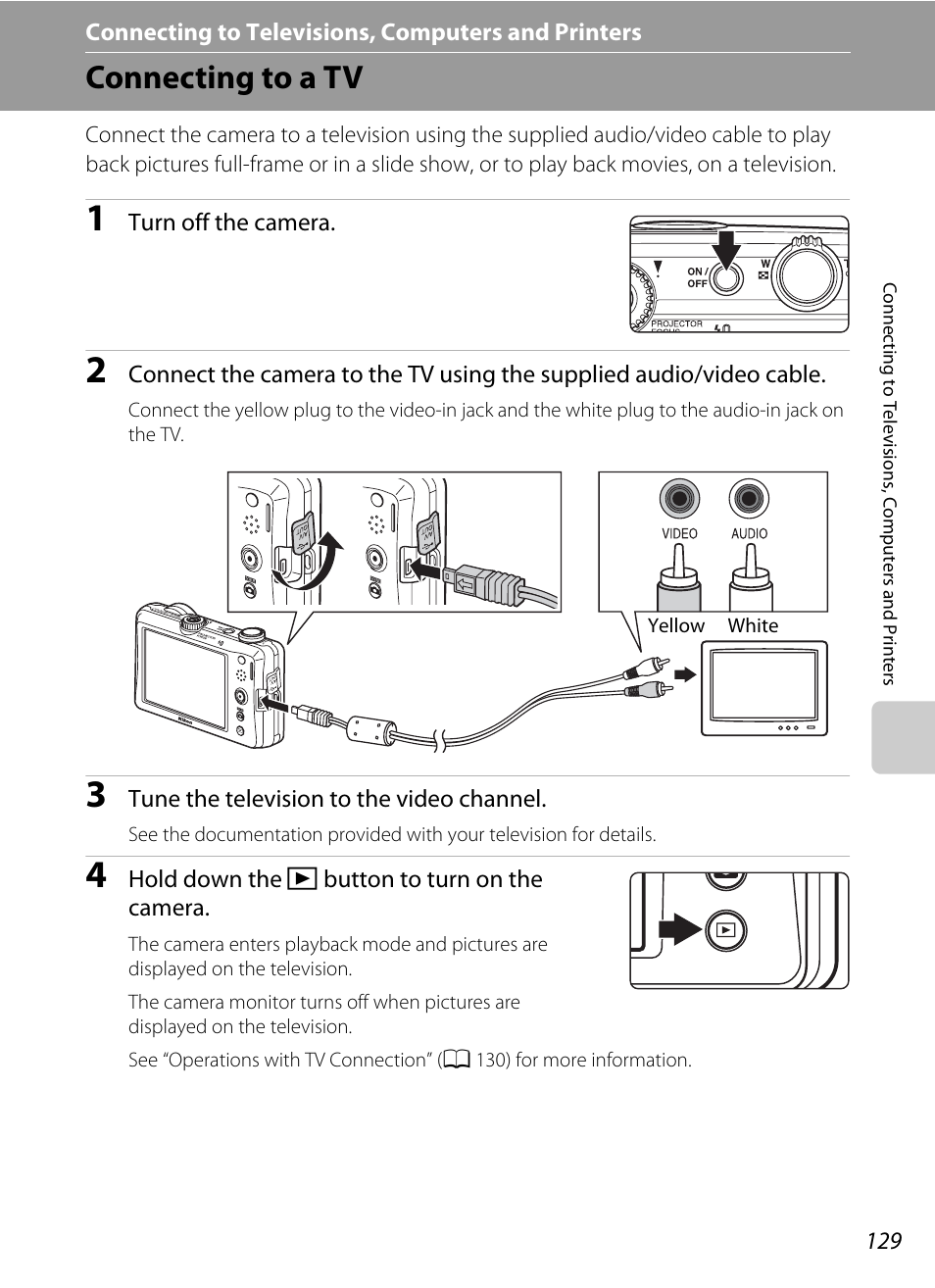 Connecting to televisions, computers and printers, Connecting to a tv | Nikon Coolpix S1100pj User Manual | Page 143 / 216