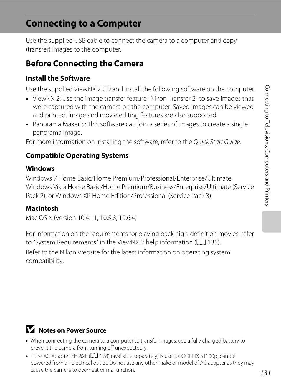 Connecting to a computer, Before connecting the camera, A 131) | Install the software, Compatible operating systems | Nikon Coolpix S1100pj User Manual | Page 145 / 216