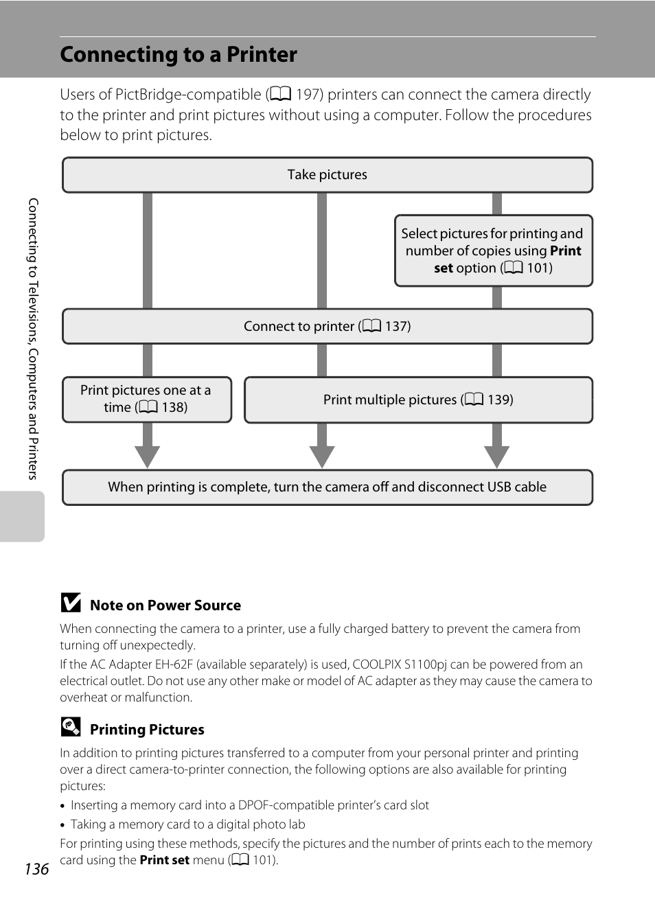 Connecting to a printer | Nikon Coolpix S1100pj User Manual | Page 150 / 216