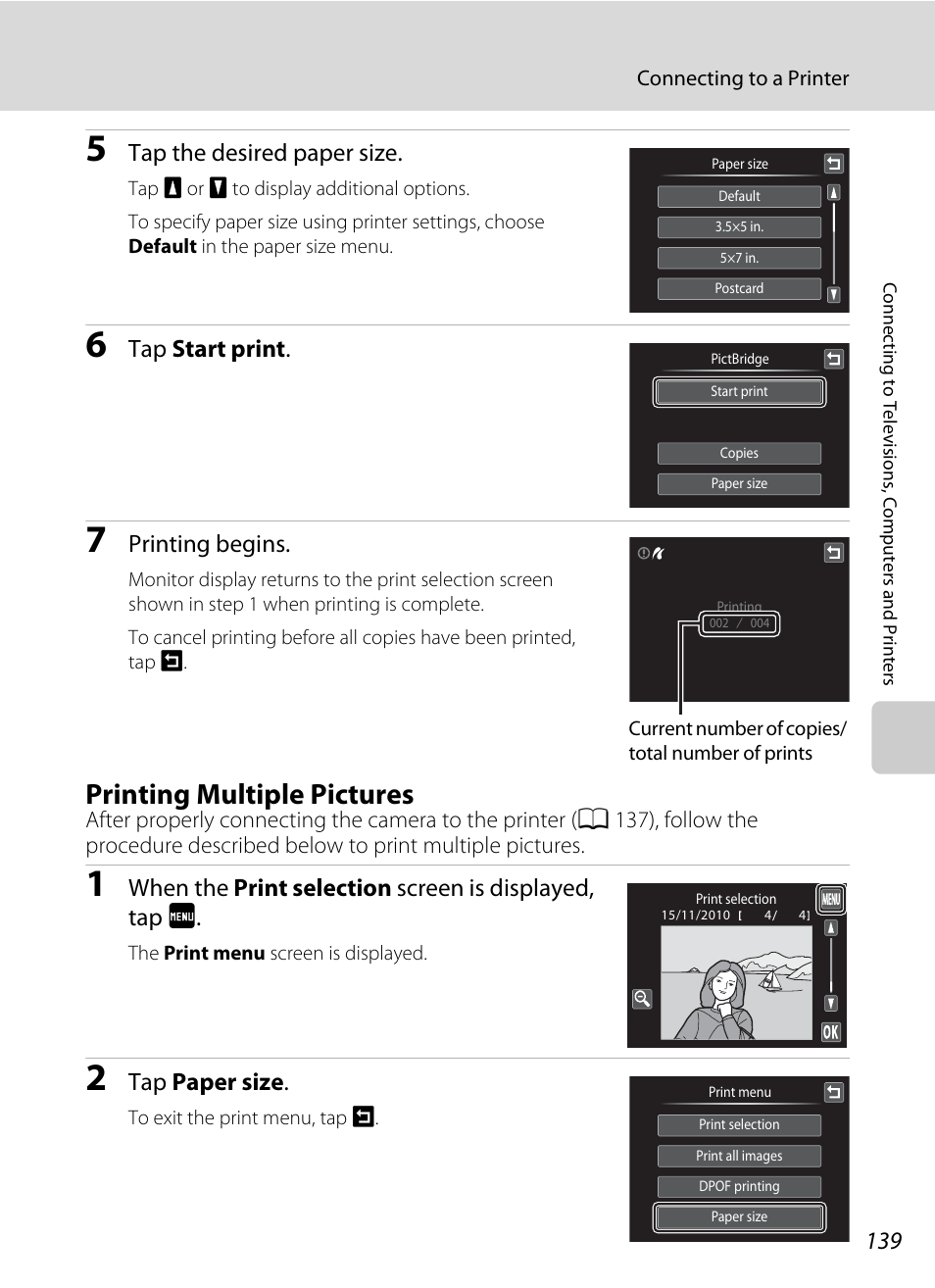 Printing multiple pictures, A 139), Tap the desired paper size | Tap start print, Printing begins, Tap paper size | Nikon Coolpix S1100pj User Manual | Page 153 / 216