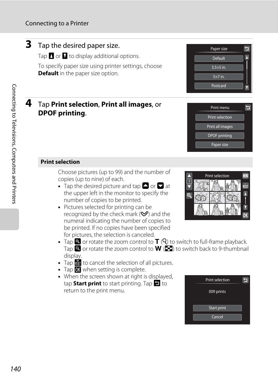 Tap the desired paper size, Connecting to a printer | Nikon Coolpix S1100pj User Manual | Page 154 / 216