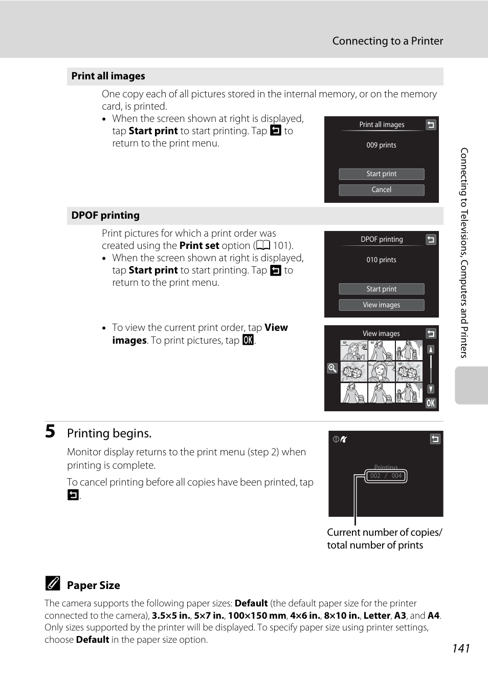 A 141), Printing begins, Connecting to a printer | Paper size | Nikon Coolpix S1100pj User Manual | Page 155 / 216