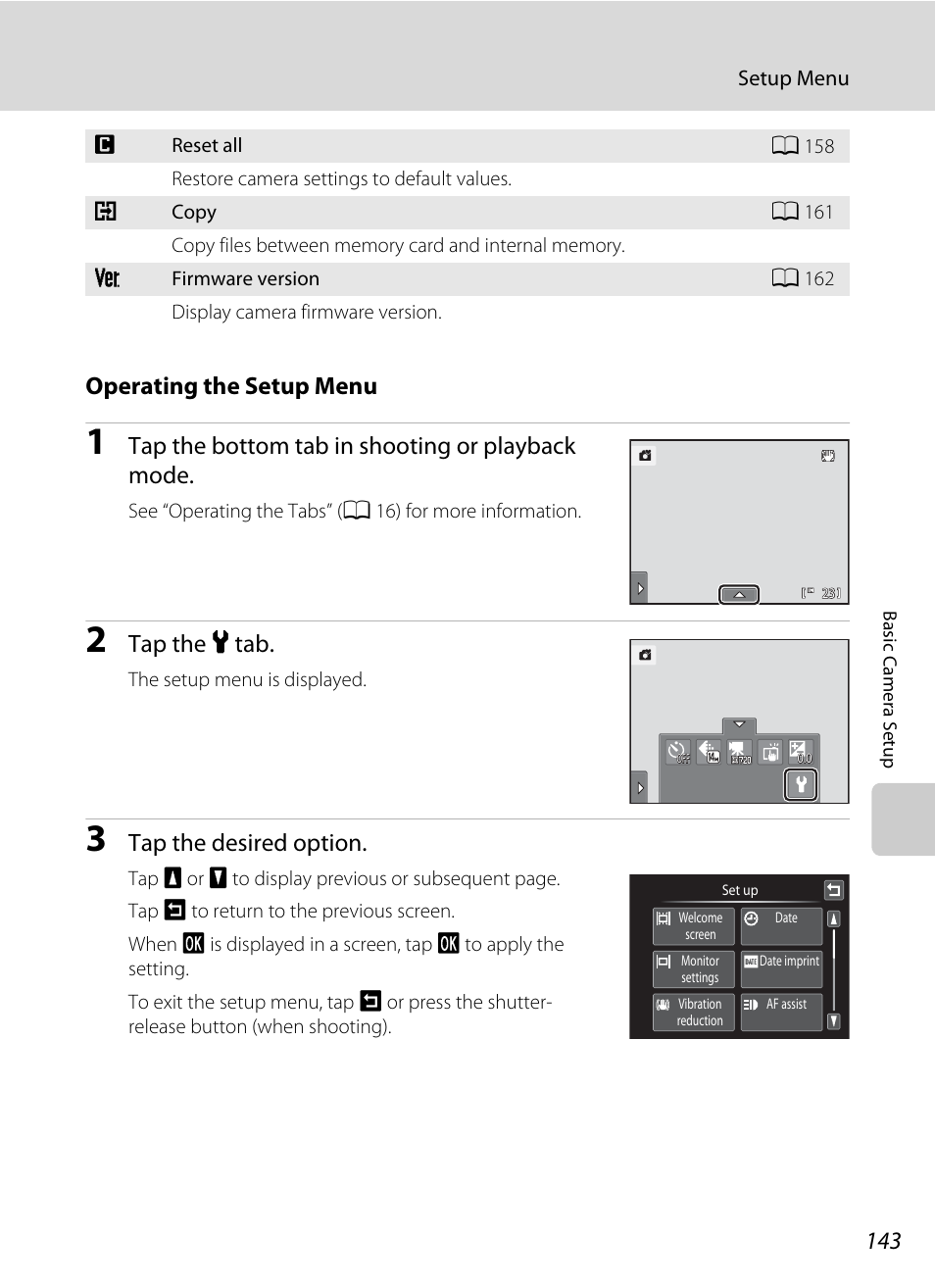 Operating the setup menu, Tap the bottom tab in shooting or playback mode, Tap the z tab | Tap the desired option | Nikon Coolpix S1100pj User Manual | Page 157 / 216