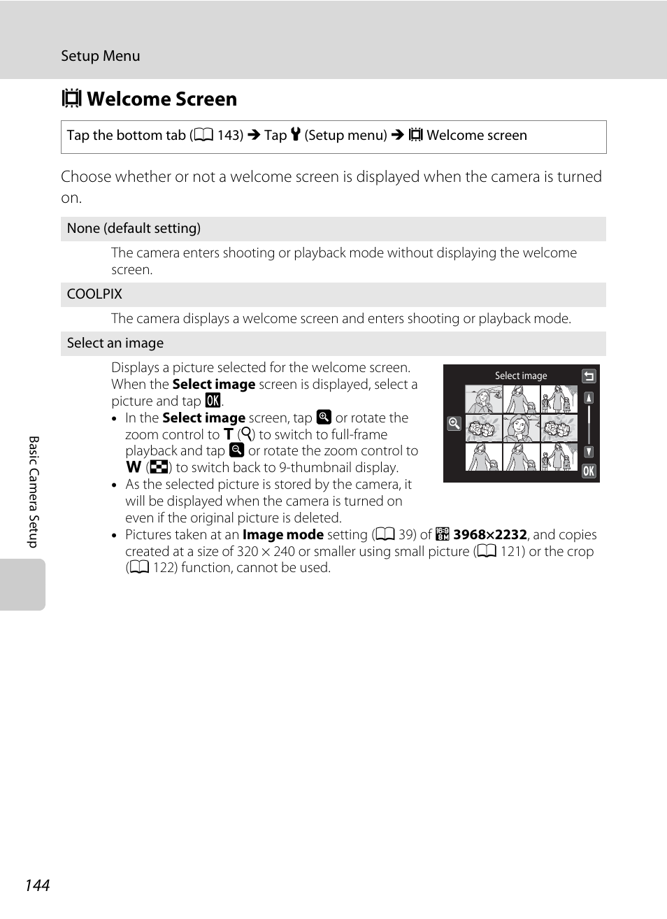 Welcome screen, C welcome screen, A 144 | Nikon Coolpix S1100pj User Manual | Page 158 / 216