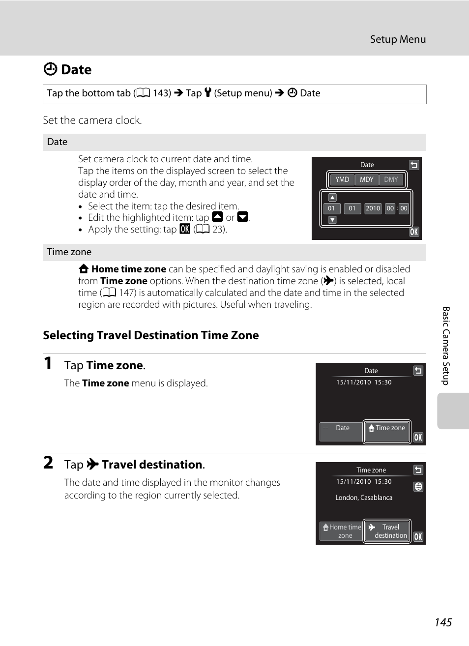 Date, D date, A 145) in | A 145), A 145, Selecting travel destination time zone, Tap time zone, Tap x travel destination, Set the camera clock | Nikon Coolpix S1100pj User Manual | Page 159 / 216