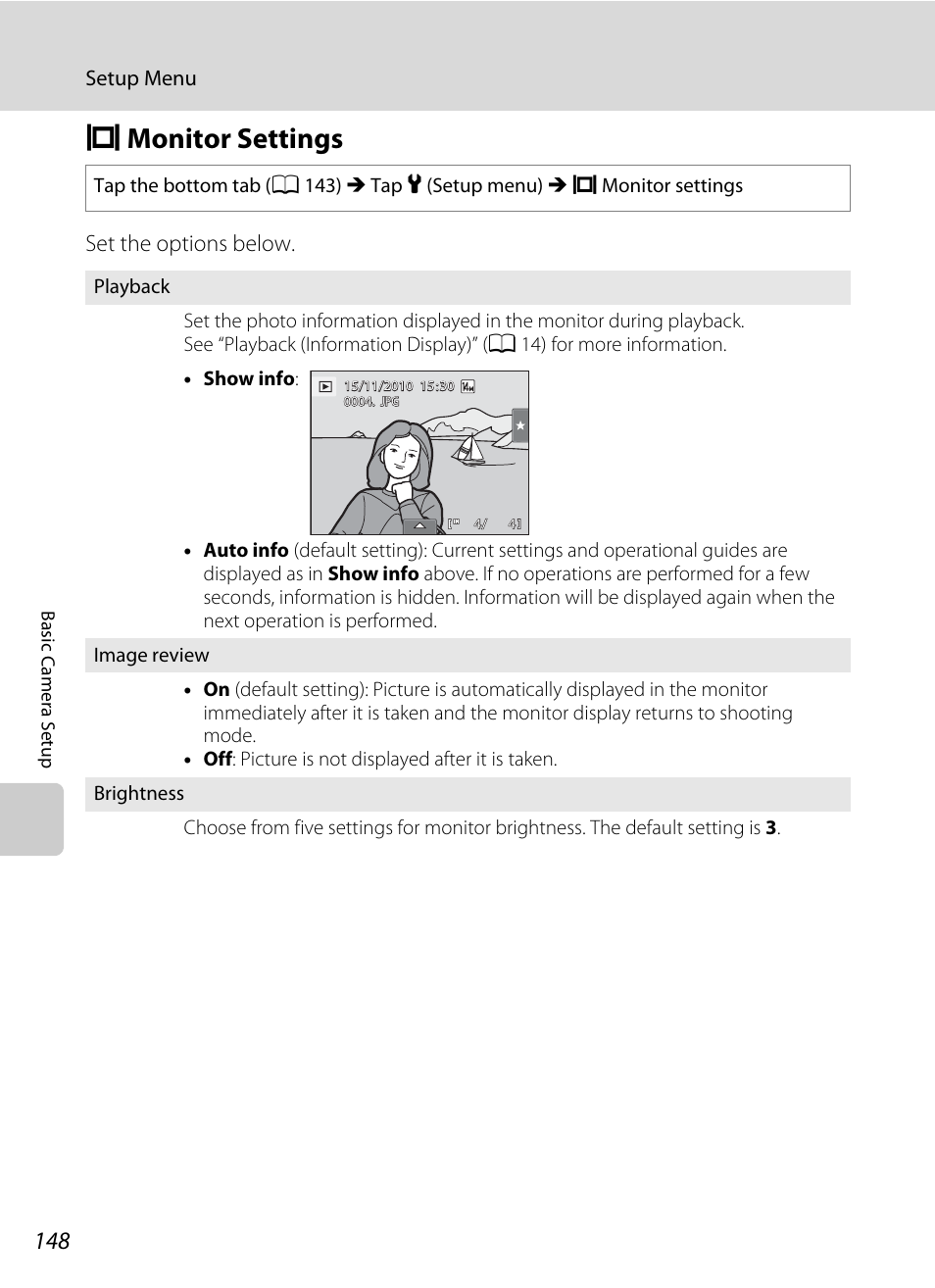 Monitor settings, E monitor settings, R a few seconds elapse | A 148), A 148, Set the options below, Setup menu | Nikon Coolpix S1100pj User Manual | Page 162 / 216