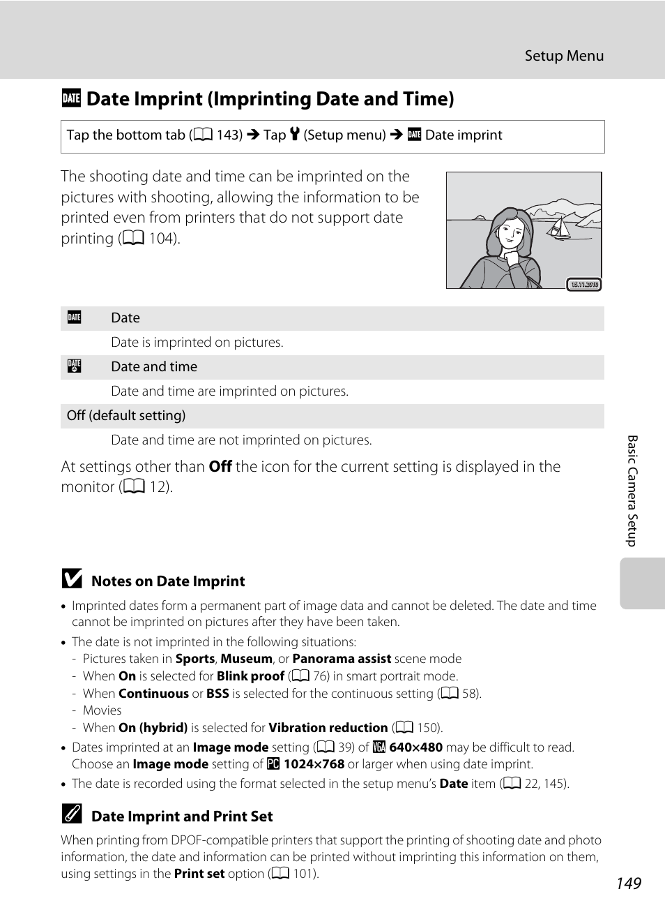 Date imprint (imprinting date and time), F date imprint (imprinting date and time), Option | A 149) in, A 149), A 149 | Nikon Coolpix S1100pj User Manual | Page 163 / 216