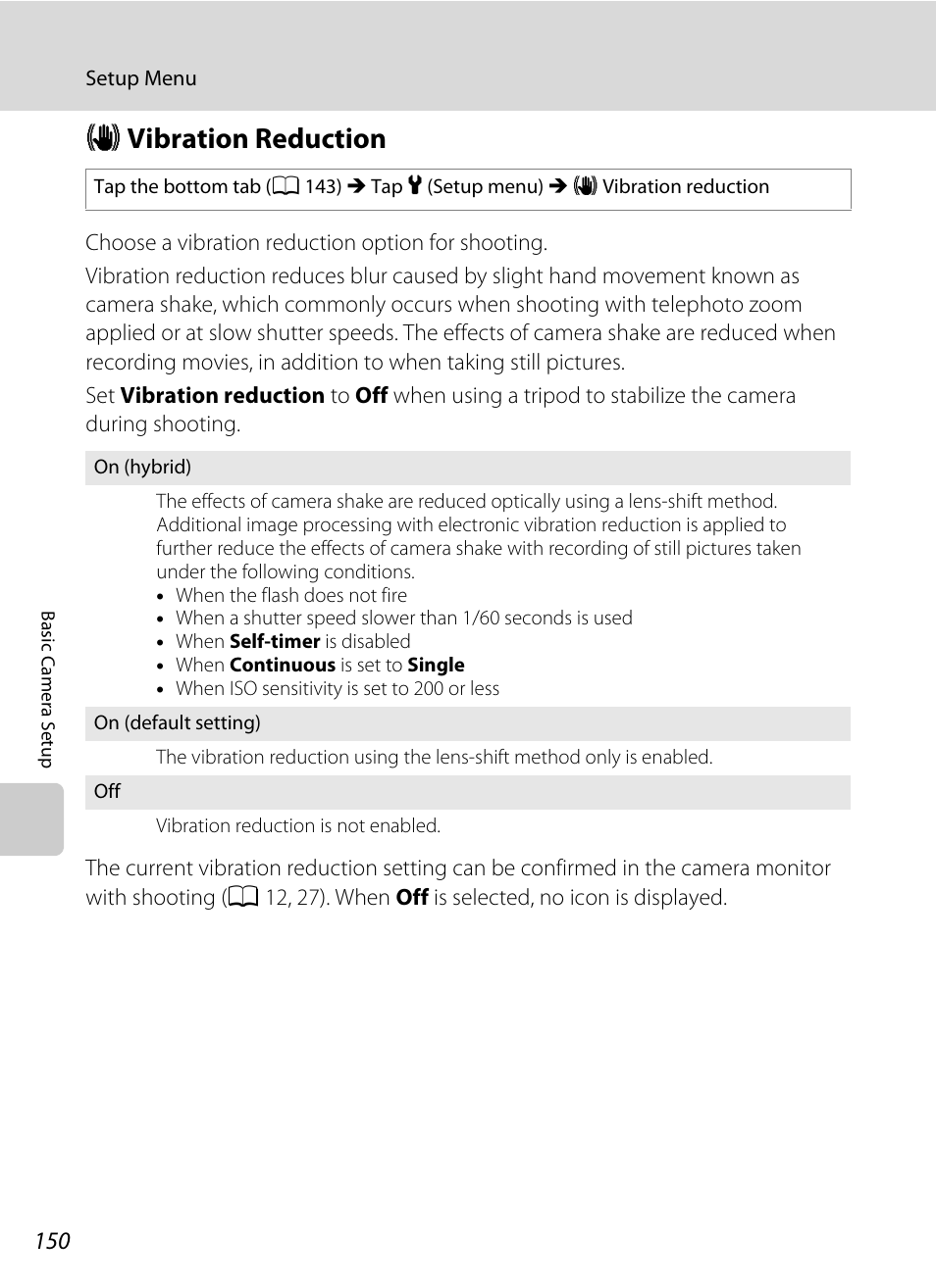 Vibration reduction, G vibration reduction, A 150) i | A 150) to, A 150) t, A 150), A 150 | Nikon Coolpix S1100pj User Manual | Page 164 / 216