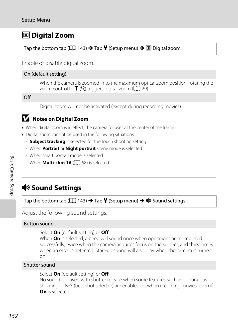 Digital zoom, Sound settings, U digital zoom i sound settings | A 152) in, Ee “notes on digital zoom, A 152), A 152, U digital zoom, I sound settings | Nikon Coolpix S1100pj User Manual | Page 166 / 216