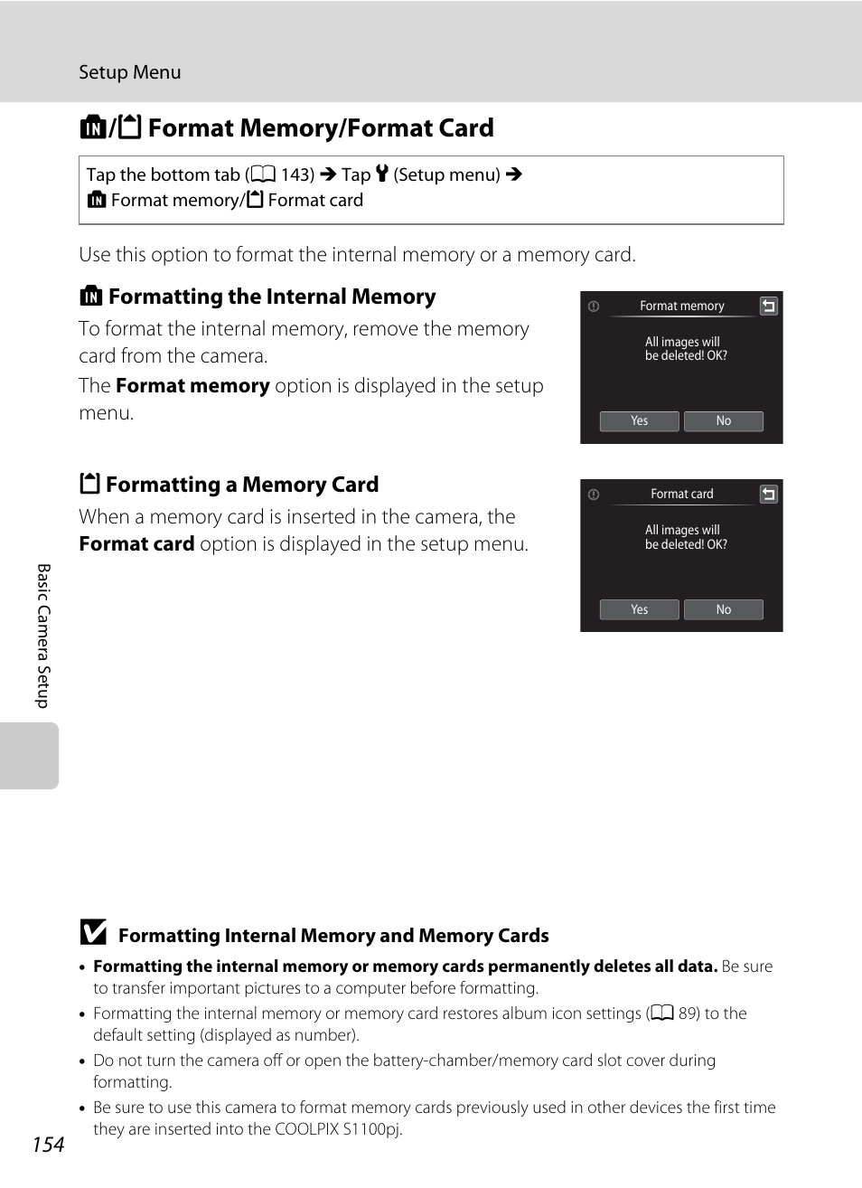 Format memory/format card, L/m format memory/format card, A 154 | Nikon Coolpix S1100pj User Manual | Page 168 / 216