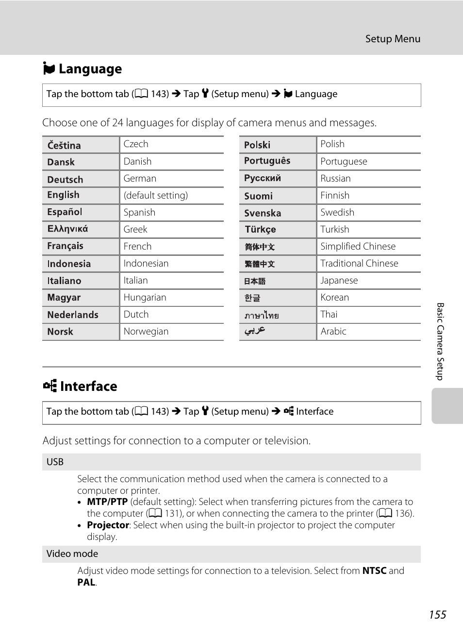 Language, Interface, N language j interface | A 155, N language, J interface | Nikon Coolpix S1100pj User Manual | Page 169 / 216