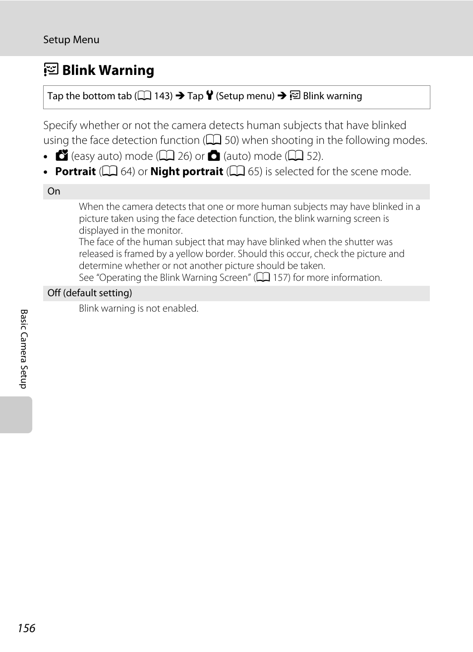 Blink warning, D blink warning, A 156 | Nikon Coolpix S1100pj User Manual | Page 170 / 216