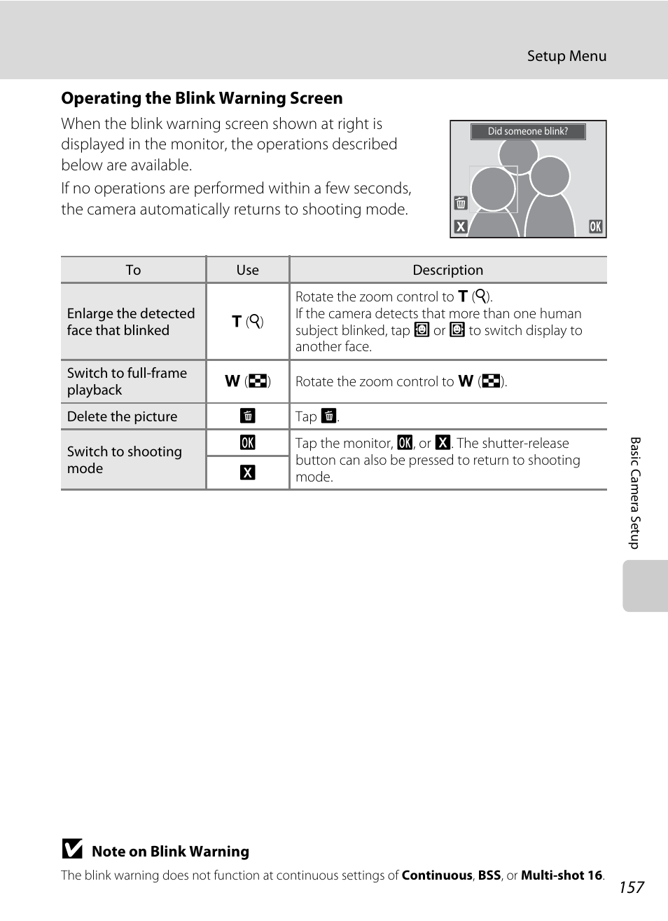 A 157) i, See “operating the blink warning screen, A 157) for | Operating the blink warning screen | Nikon Coolpix S1100pj User Manual | Page 171 / 216