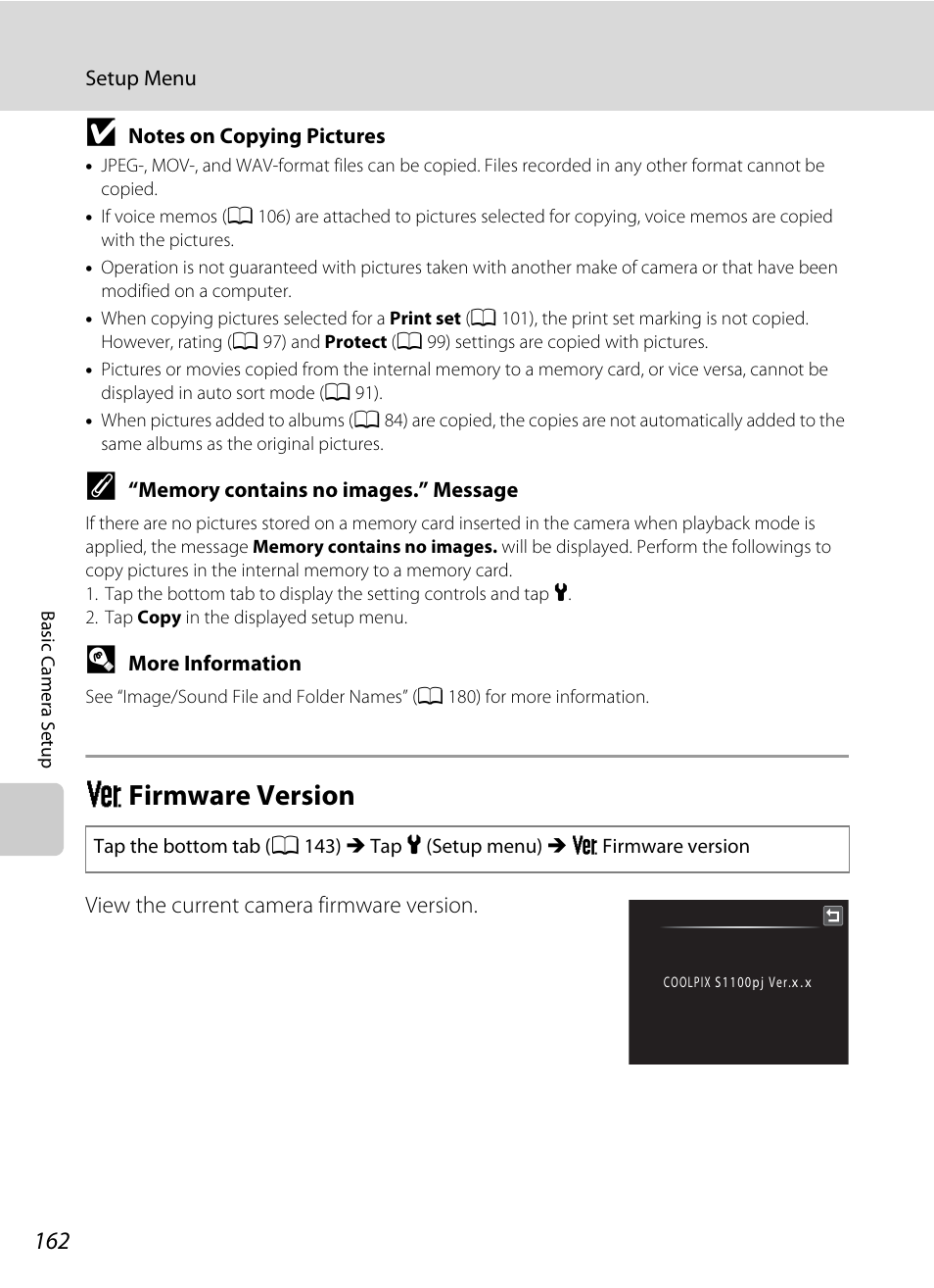 Firmware version, R firmware version, A 162 | Nikon Coolpix S1100pj User Manual | Page 176 / 216