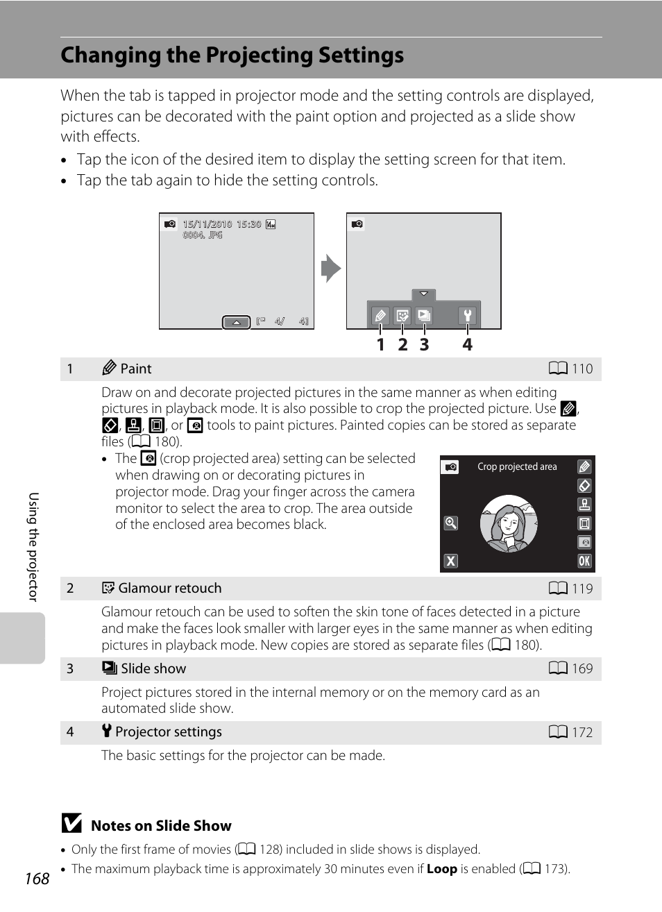 Changing the projecting settings | Nikon Coolpix S1100pj User Manual | Page 182 / 216