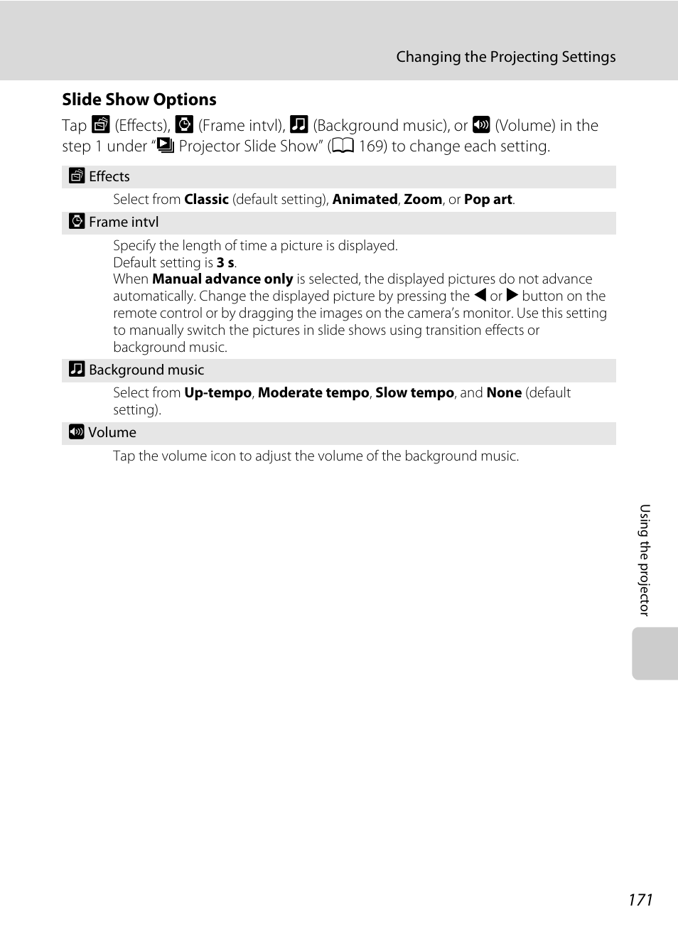 A 171), Slide show options | Nikon Coolpix S1100pj User Manual | Page 185 / 216