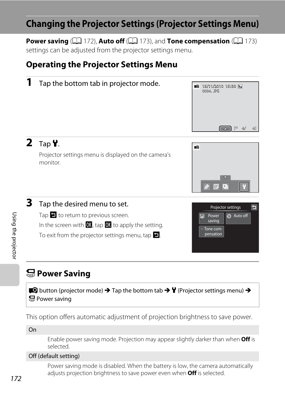 Operating the projector settings menu, Power saving, A 172 | A 172), Z power saving, Tap the bottom tab in projector mode, Tap z, Tap the desired menu to set | Nikon Coolpix S1100pj User Manual | Page 186 / 216