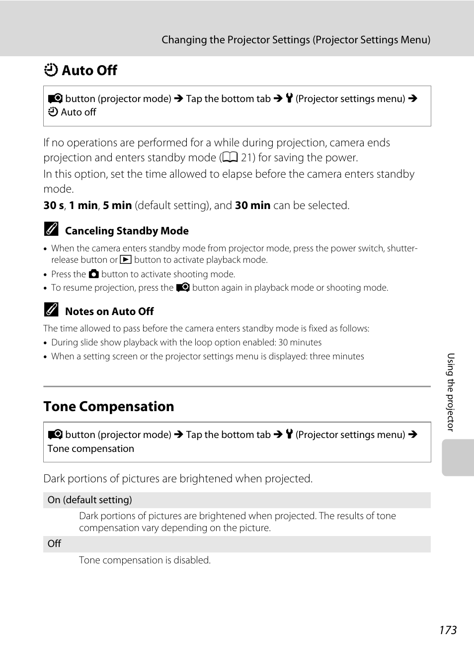 Auto off, Tone compensation, K auto off tone compensation | A 173), A 173, A 173), and, K auto off | Nikon Coolpix S1100pj User Manual | Page 187 / 216