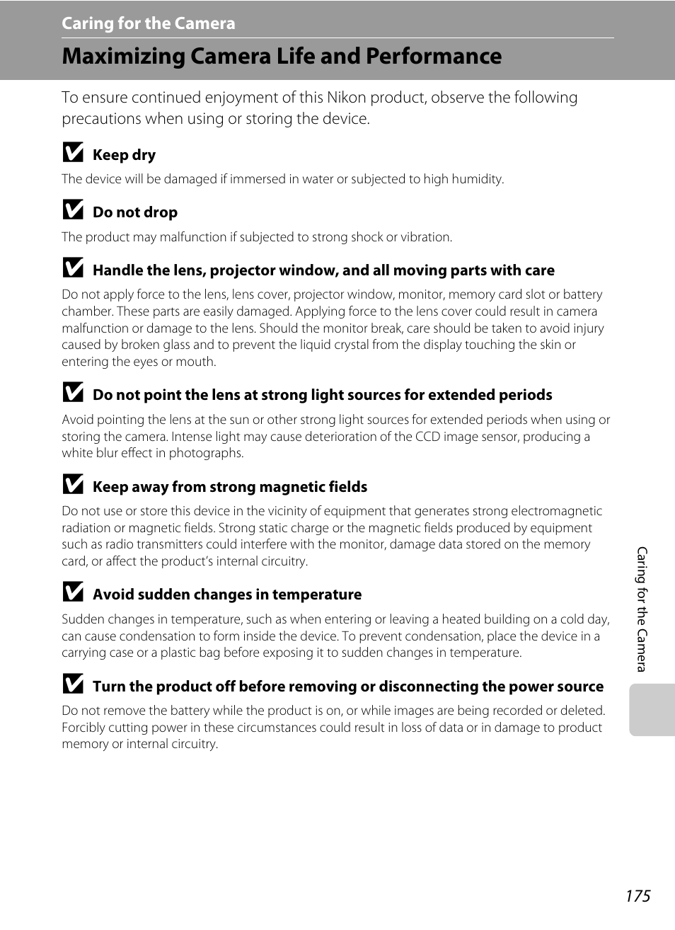 Caring for the camera, Maximizing camera life and performance | Nikon Coolpix S1100pj User Manual | Page 189 / 216