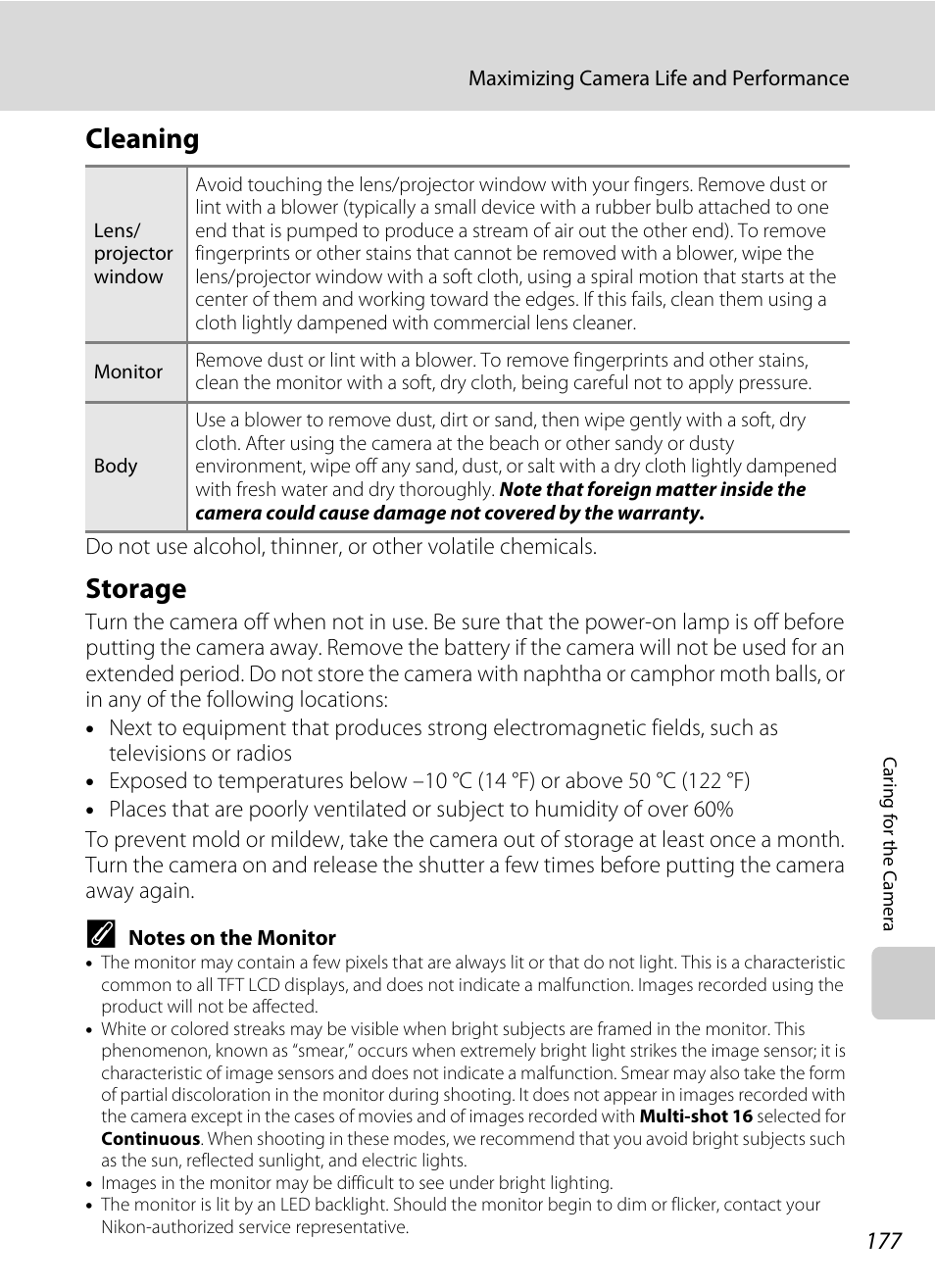 Cleaning, Storage, Cleaning storage | A 177) v, Smear (a 177) visib | Nikon Coolpix S1100pj User Manual | Page 191 / 216