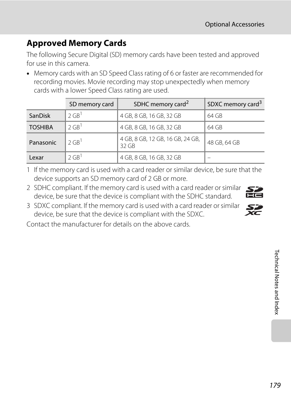 Approved memory cards, A 179) | Nikon Coolpix S1100pj User Manual | Page 193 / 216