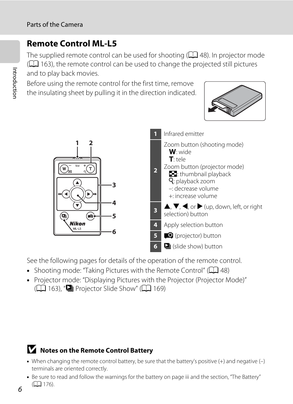 Remote control ml-l5 | Nikon Coolpix S1100pj User Manual | Page 20 / 216