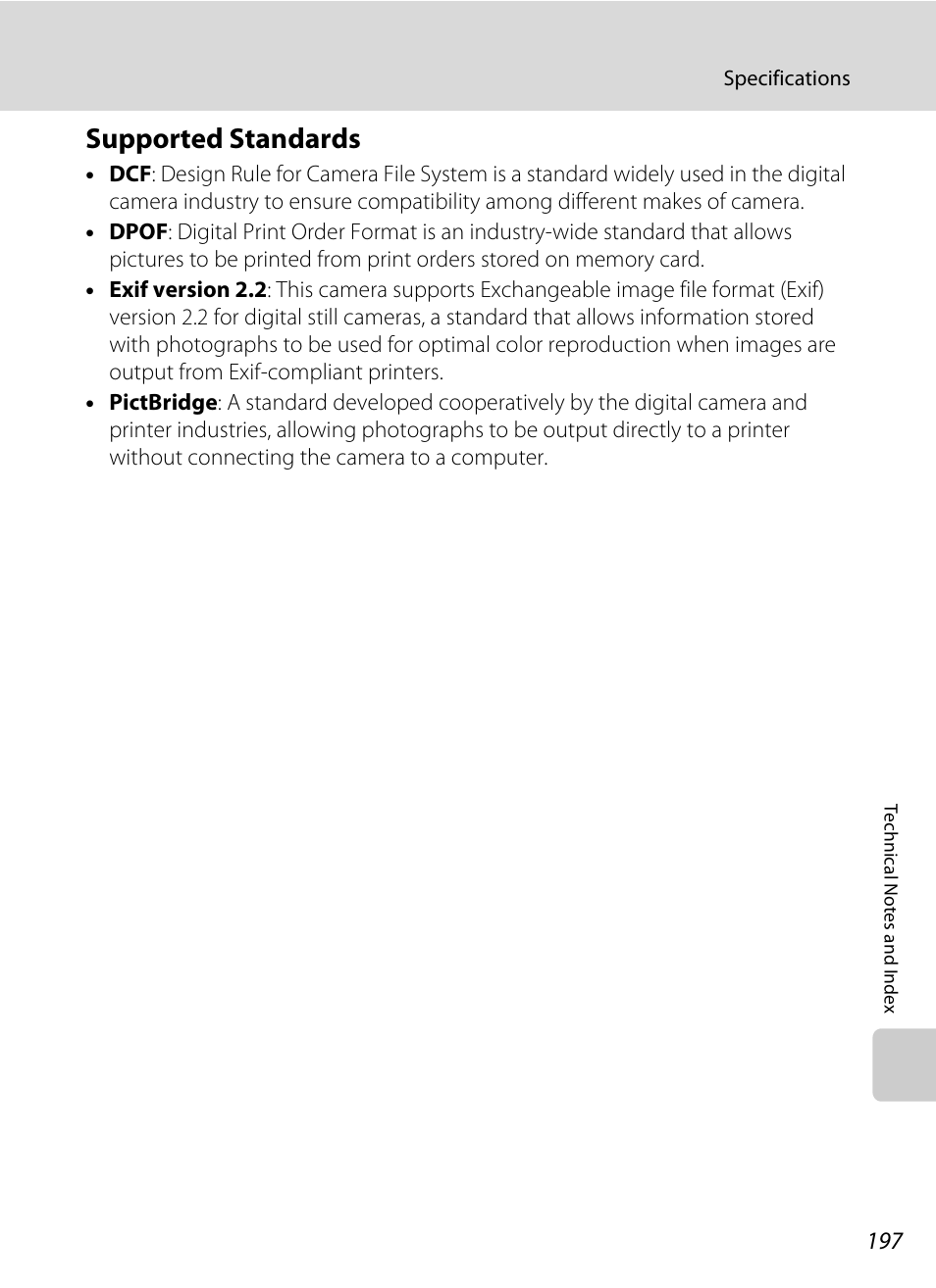 Supported standards, A 197) tha, Tible | A 197) printers | Nikon Coolpix S1100pj User Manual | Page 211 / 216